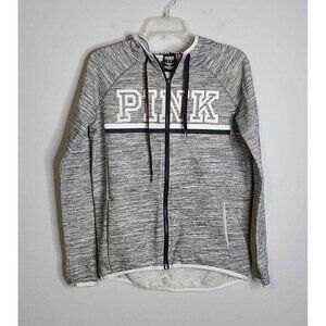 Victoria Secret Pink Zip Front Gray White Hoodie Thumb Holes & Pockets Sz XS